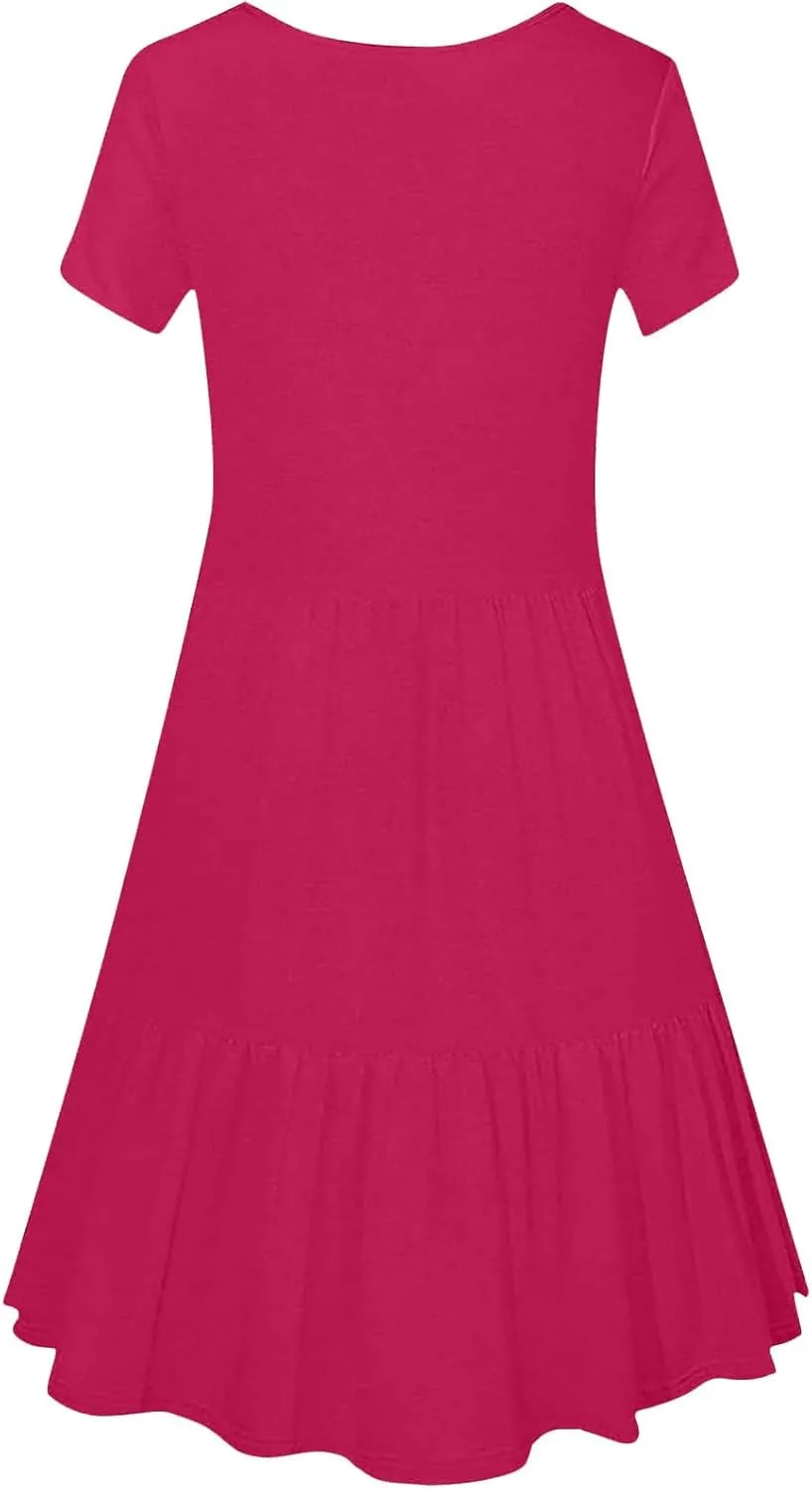 Women's Summer Casual Short Sleeve Square Neck Swing Dress Basic Flowy Midi Beach Dress Solid Color Wrap Sundress