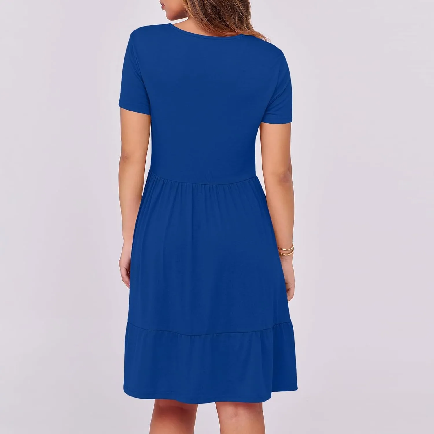 Women's Summer Casual Short Sleeve Square Neck Swing Dress Basic Flowy Midi Beach Dress Solid Color Wrap Sundress