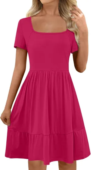 Women's Summer Casual Short Sleeve Square Neck Swing Dress Basic Flowy Midi Beach Dress Solid Color Wrap Sundress