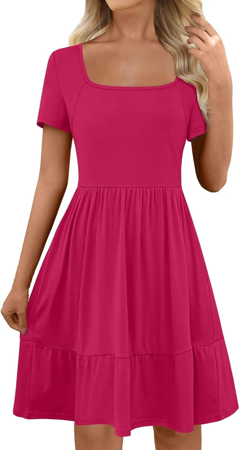 Women's Summer Casual Short Sleeve Square Neck Swing Dress Basic Flowy Midi Beach Dress Solid Color Wrap Sundress