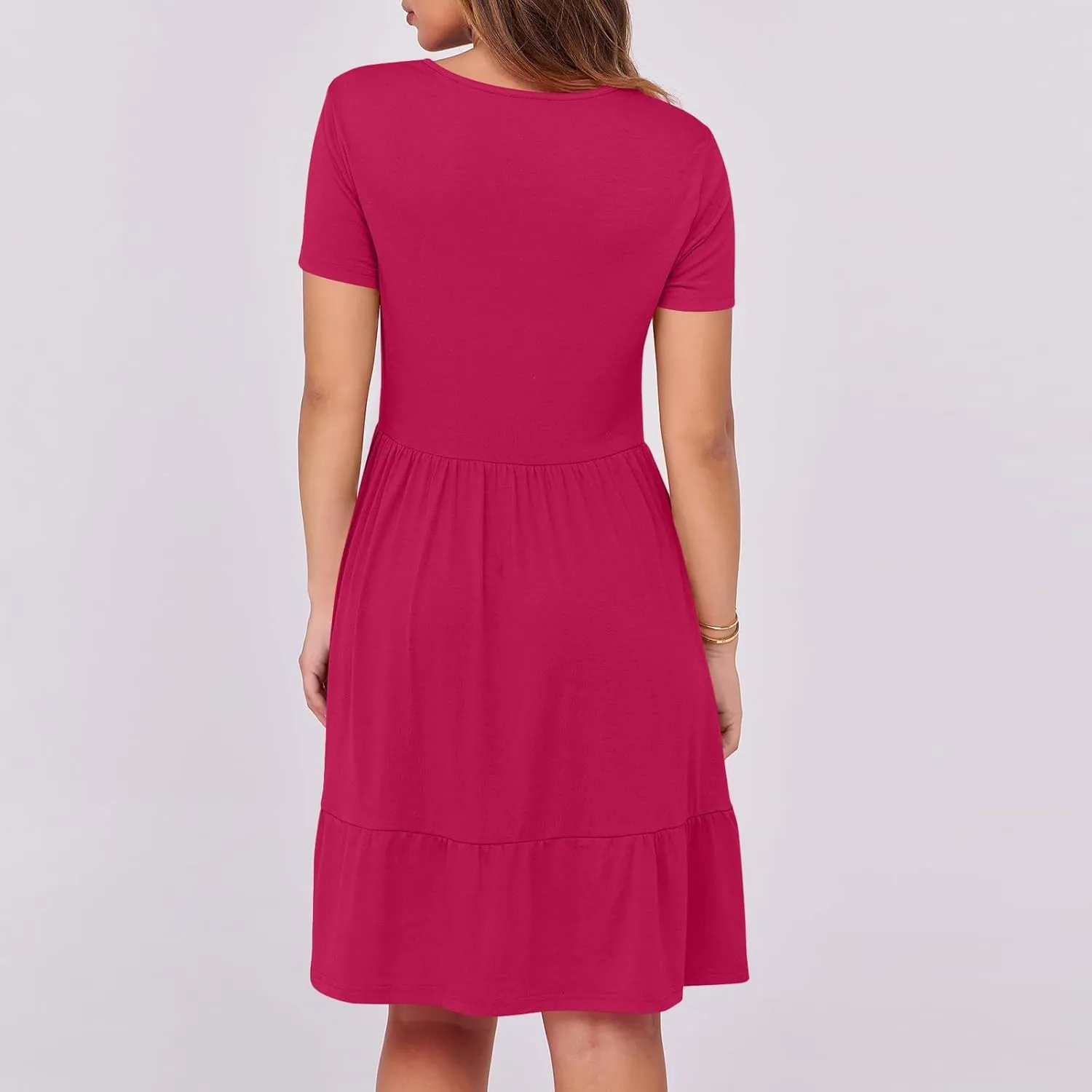 Women's Summer Casual Short Sleeve Square Neck Swing Dress Basic Flowy Midi Beach Dress Solid Color Wrap Sundress