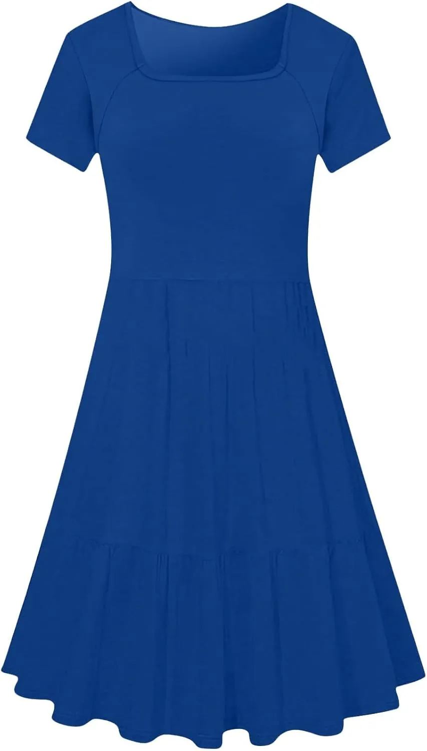 Women's Summer Casual Short Sleeve Square Neck Swing Dress Basic Flowy Midi Beach Dress Solid Color Wrap Sundress
