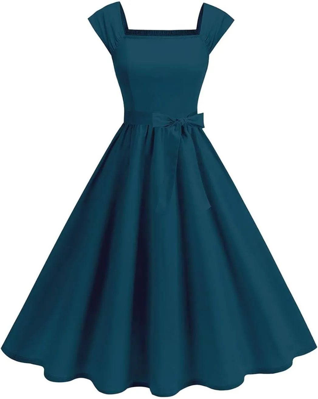Womens Summer Dress Casual Cap Sleeve Square Neck A-Line Knee Length Pleated Flowy Fashion Cocktail Party Midi Dress