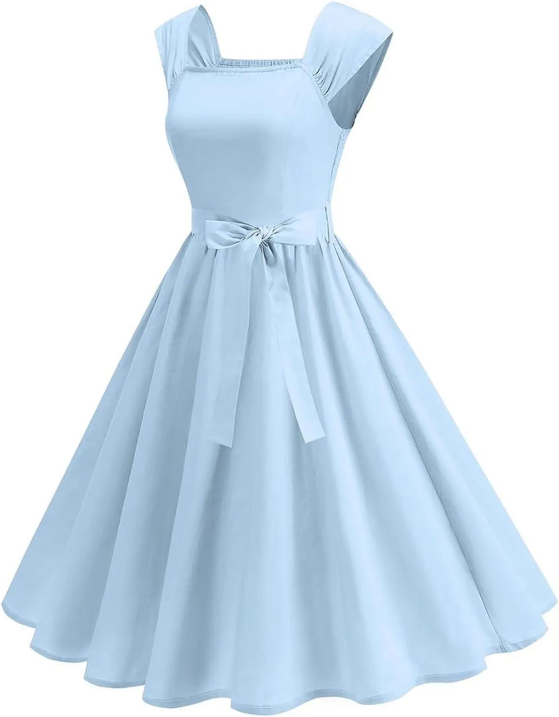 Womens Summer Dress Casual Cap Sleeve Square Neck A-Line Knee Length Pleated Flowy Fashion Cocktail Party Midi Dress