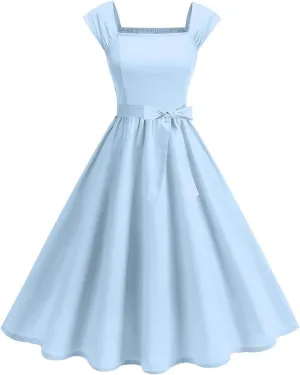 Womens Summer Dress Casual Cap Sleeve Square Neck A-Line Knee Length Pleated Flowy Fashion Cocktail Party Midi Dress
