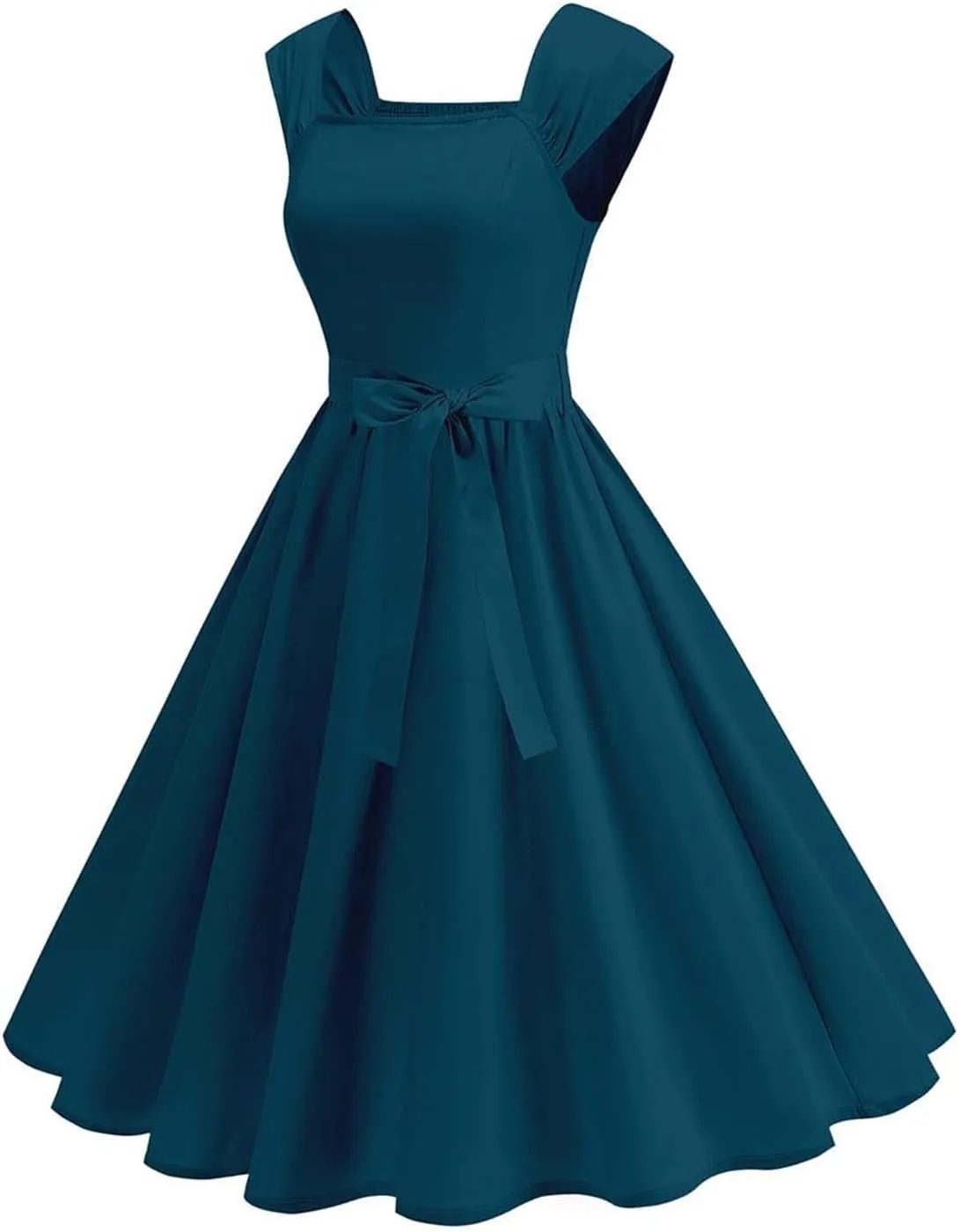 Womens Summer Dress Casual Cap Sleeve Square Neck A-Line Knee Length Pleated Flowy Fashion Cocktail Party Midi Dress