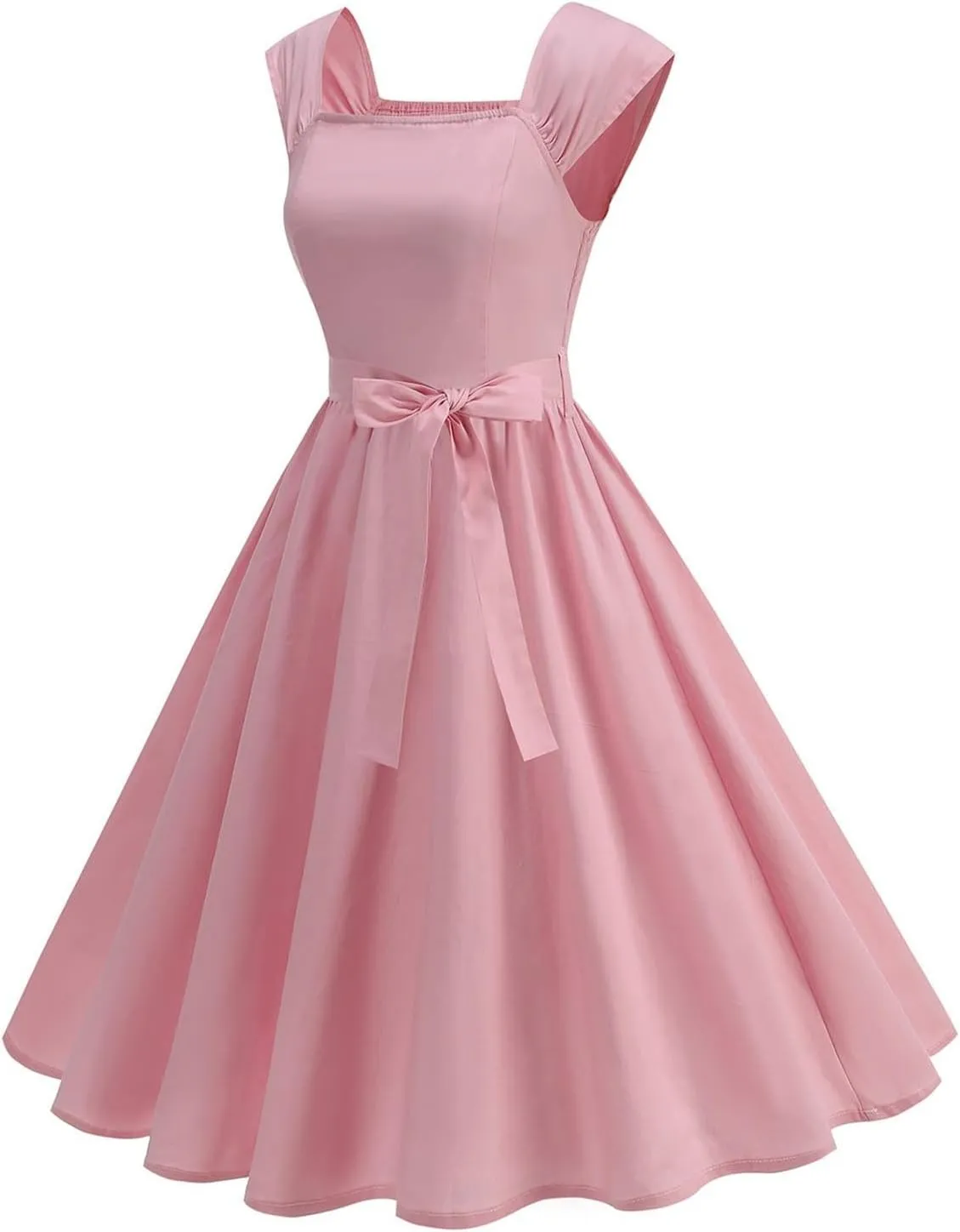 Womens Summer Dress Casual Cap Sleeve Square Neck A-Line Knee Length Pleated Flowy Fashion Cocktail Party Midi Dress