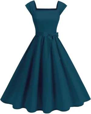 Womens Summer Dress Casual Cap Sleeve Square Neck A-Line Knee Length Pleated Flowy Fashion Cocktail Party Midi Dress