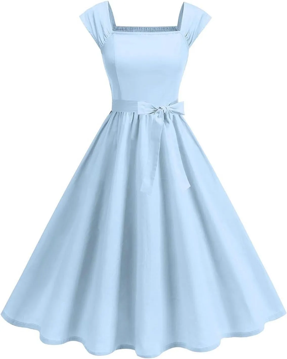 Womens Summer Dress Casual Cap Sleeve Square Neck A-Line Knee Length Pleated Flowy Fashion Cocktail Party Midi Dress