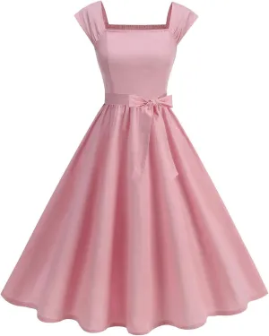 Womens Summer Dress Casual Cap Sleeve Square Neck A-Line Knee Length Pleated Flowy Fashion Cocktail Party Midi Dress