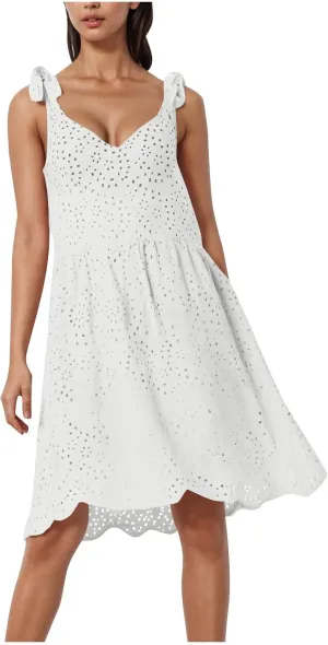 Womens Summer Dress Casual Sleeveless Spaghetti Strap Vacation Beach Dress Eyelet Short Sundresses Swimsuit Coverups