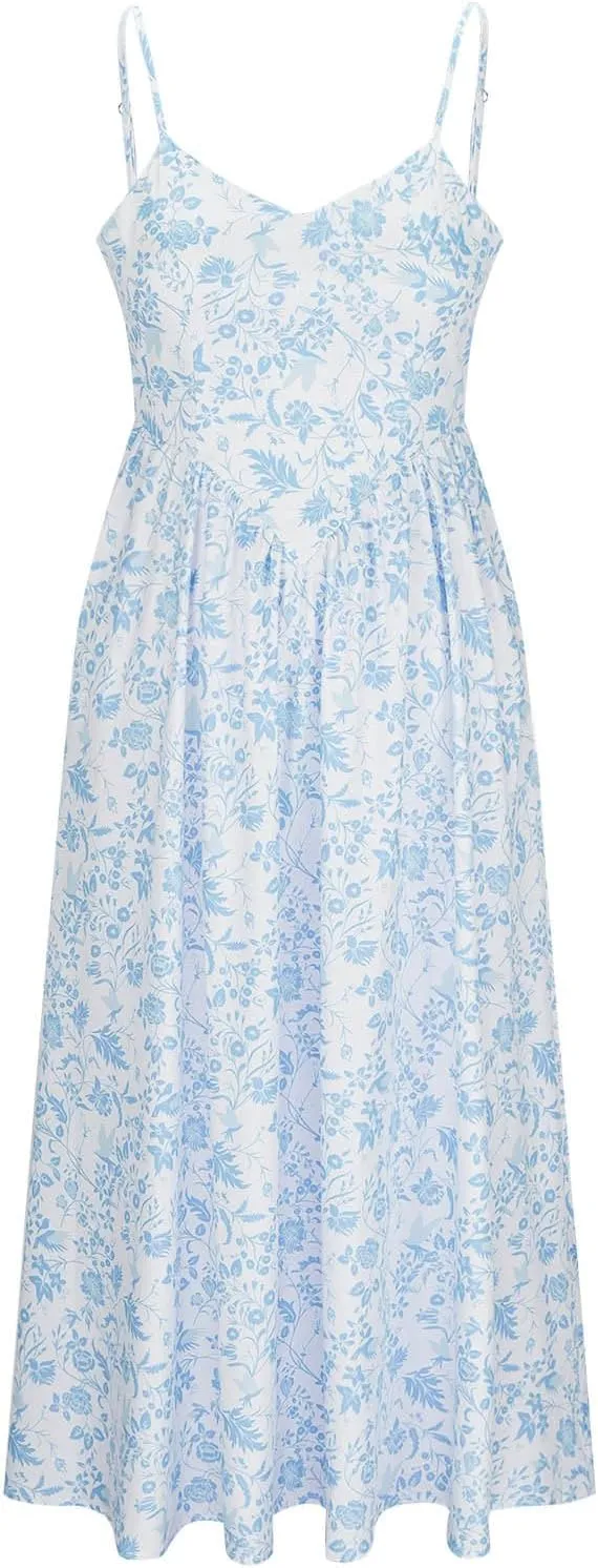 Womens Summer Dress Flutter Boho Floral V Neck Spaghetti Strap Flowy A-Line Beach Vacation Sundresses with Pockets