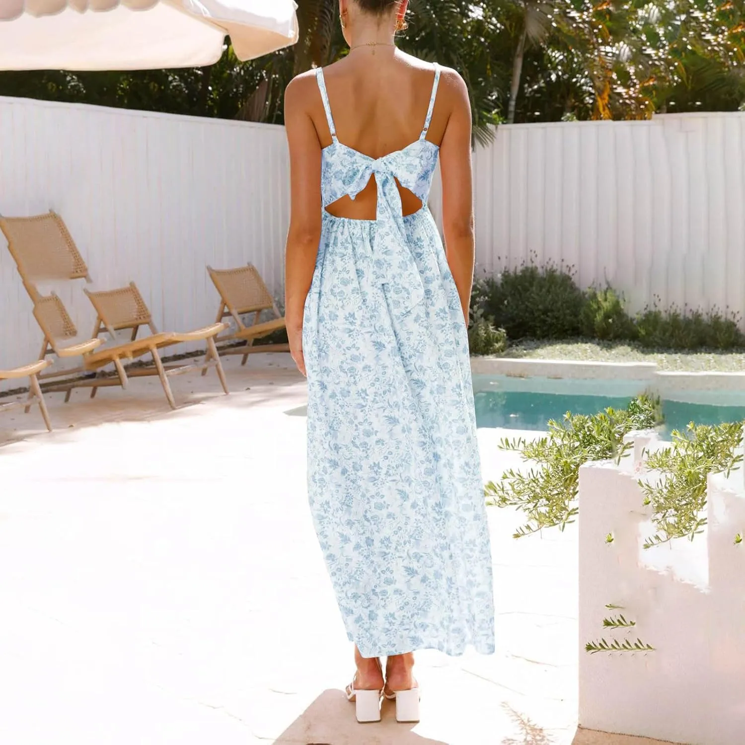 Womens Summer Dress Flutter Boho Floral V Neck Spaghetti Strap Flowy A-Line Beach Vacation Sundresses with Pockets
