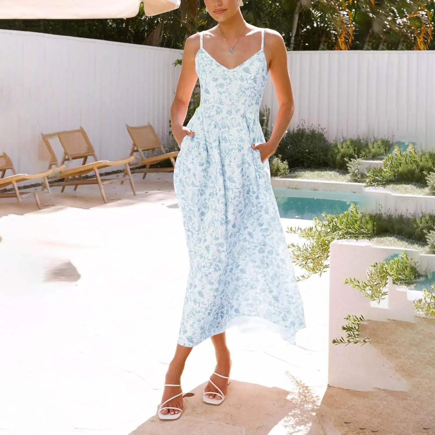 Womens Summer Dress Flutter Boho Floral V Neck Spaghetti Strap Flowy A-Line Beach Vacation Sundresses with Pockets
