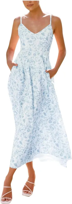 Womens Summer Dress Flutter Boho Floral V Neck Spaghetti Strap Flowy A-Line Beach Vacation Sundresses with Pockets