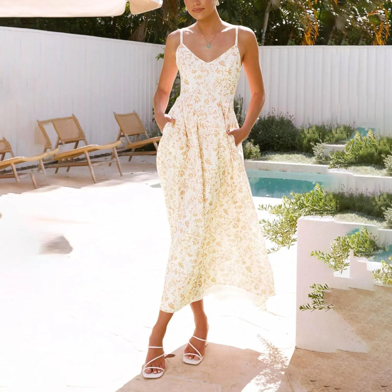 Womens Summer Dress Flutter Boho Floral V Neck Spaghetti Strap Flowy A-Line Beach Vacation Sundresses with Pockets