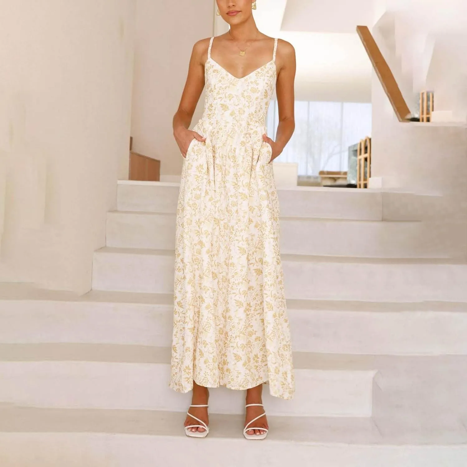Womens Summer Dress Flutter Boho Floral V Neck Spaghetti Strap Flowy A-Line Beach Vacation Sundresses with Pockets