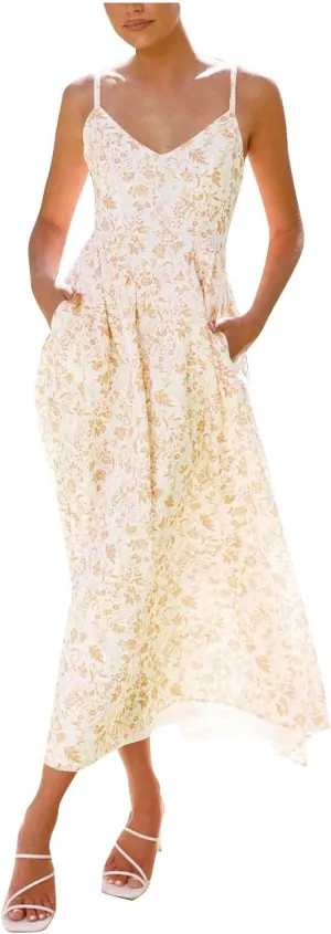 Womens Summer Dress Flutter Boho Floral V Neck Spaghetti Strap Flowy A-Line Beach Vacation Sundresses with Pockets