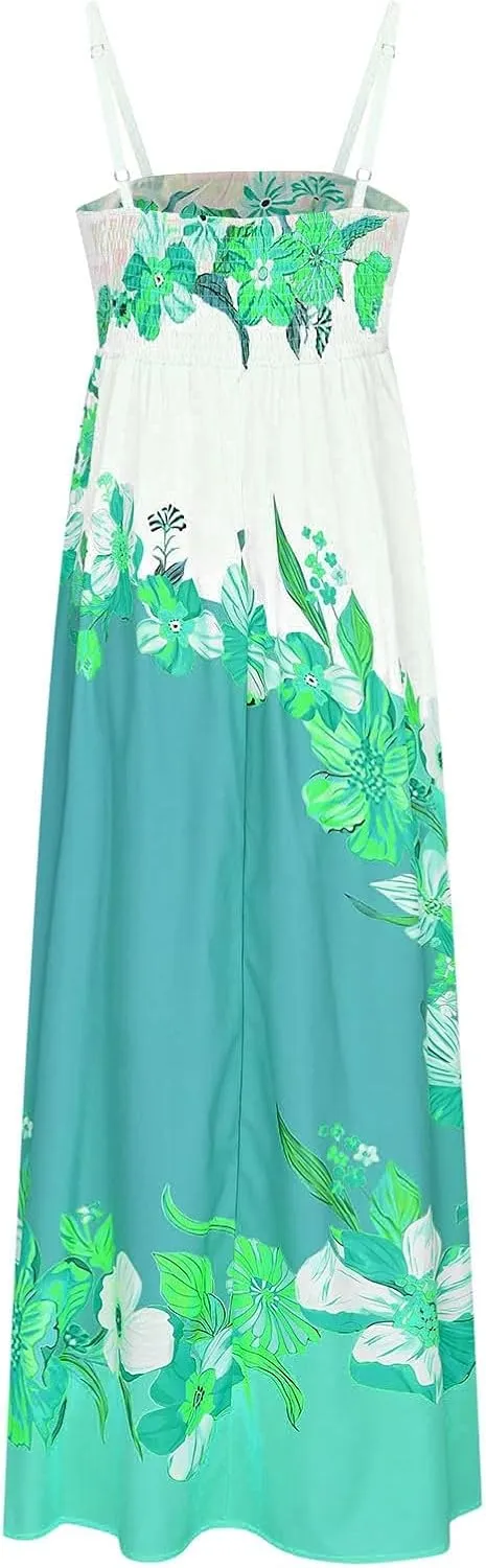 Womens Summer Dress Spaghetti Strap Sleeveless Boho Floral Sundress V Neck Causal Flowy Midi Dress with Pockets