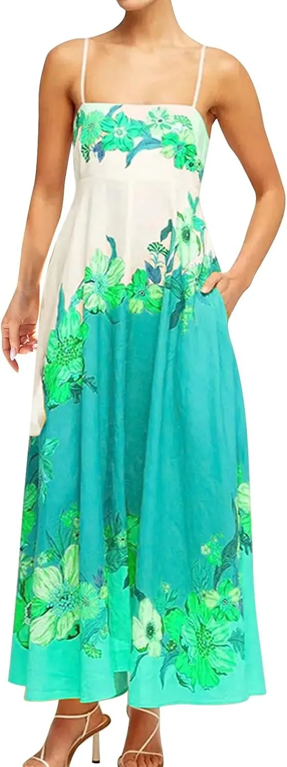 Womens Summer Dress Spaghetti Strap Sleeveless Boho Floral Sundress V Neck Causal Flowy Midi Dress with Pockets