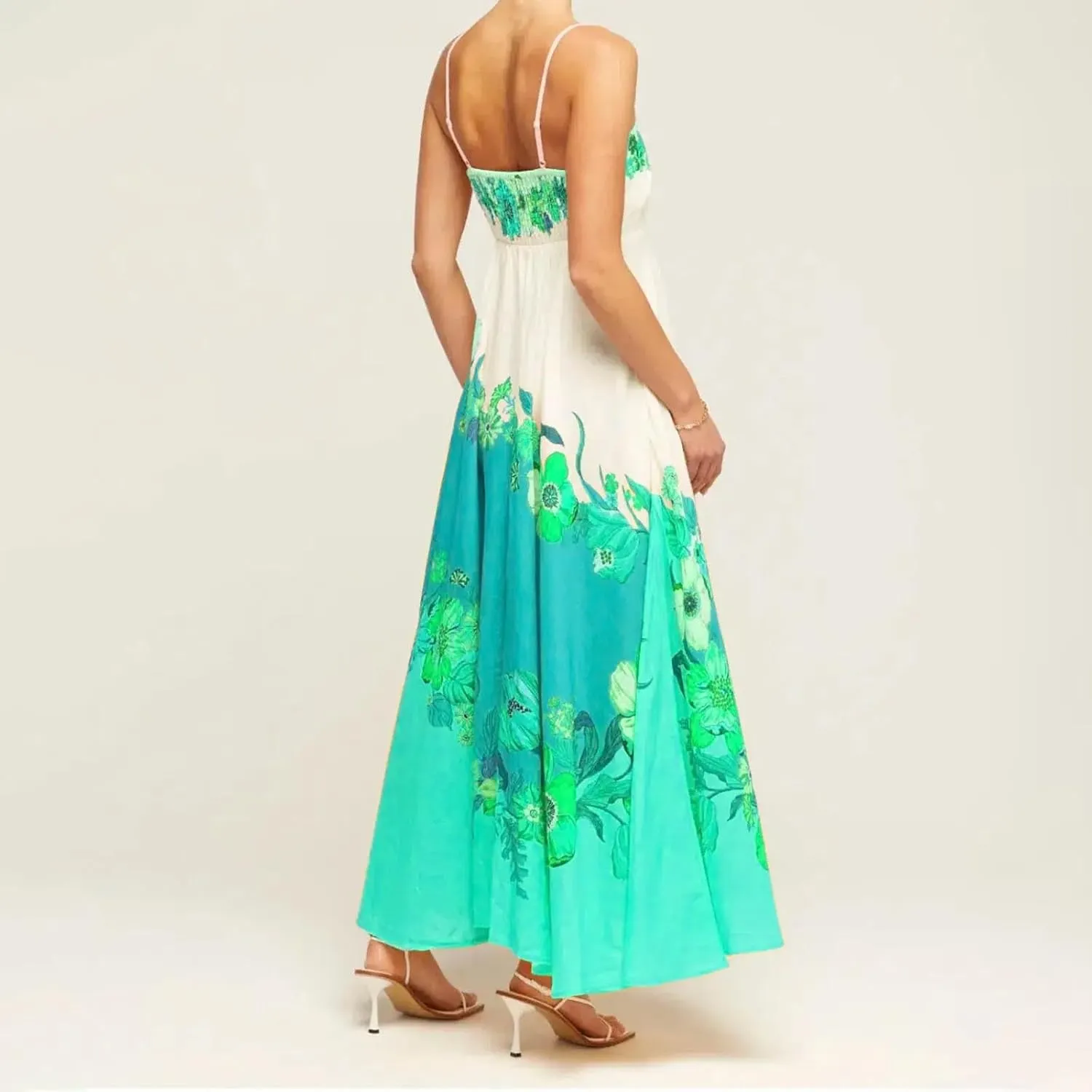 Womens Summer Dress Spaghetti Strap Sleeveless Boho Floral Sundress V Neck Causal Flowy Midi Dress with Pockets