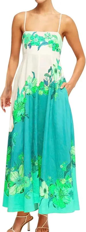 Womens Summer Dress Spaghetti Strap Sleeveless Boho Floral Sundress V Neck Causal Flowy Midi Dress with Pockets