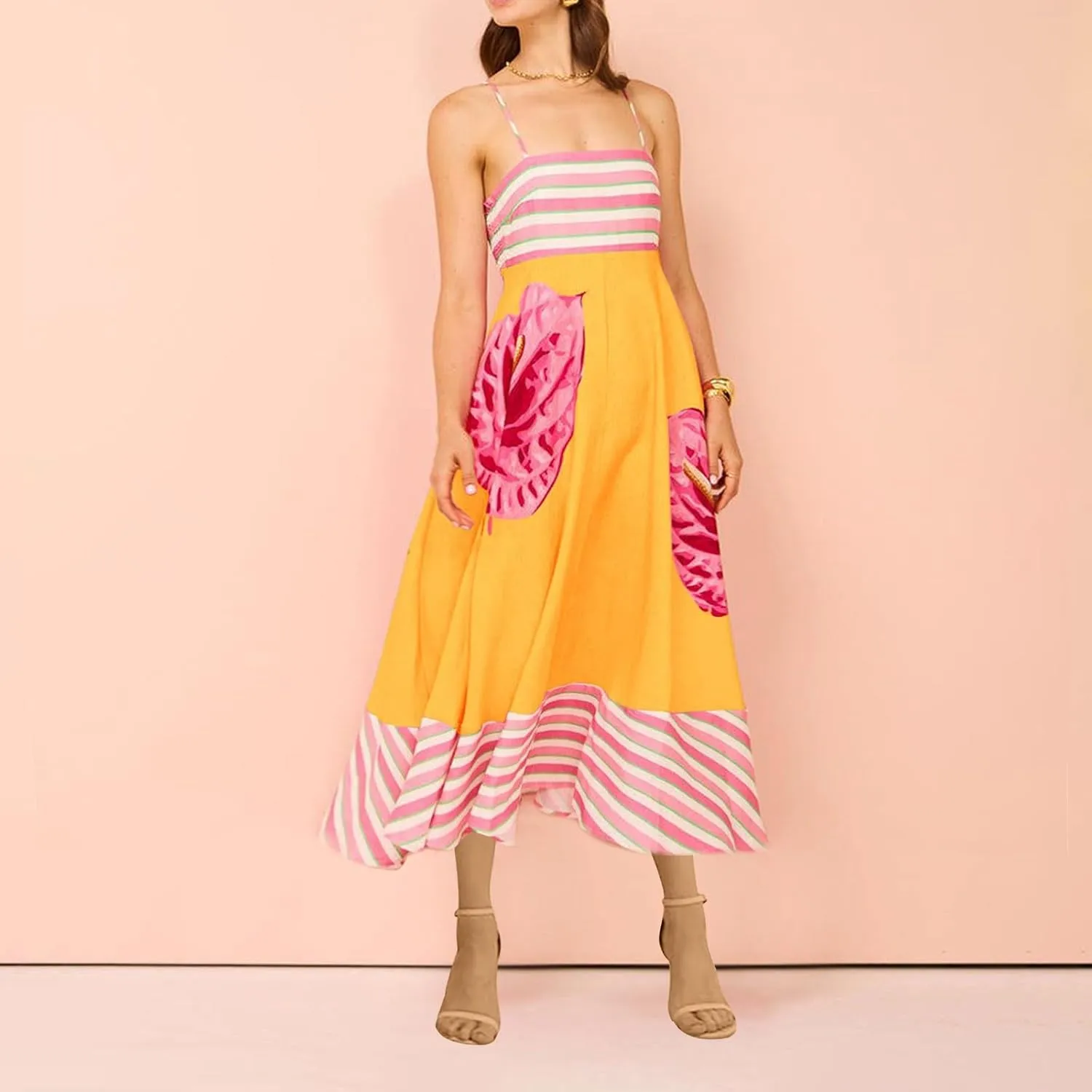 Womens Summer Dresses Casual Loose Fit Striped Color Block Halter Long Sundress Sleeveless Vacation Maxi Beach Dress
