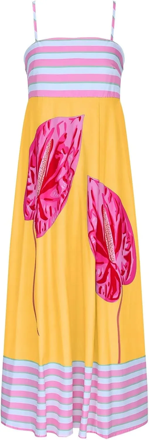 Womens Summer Dresses Casual Loose Fit Striped Color Block Halter Long Sundress Sleeveless Vacation Maxi Beach Dress