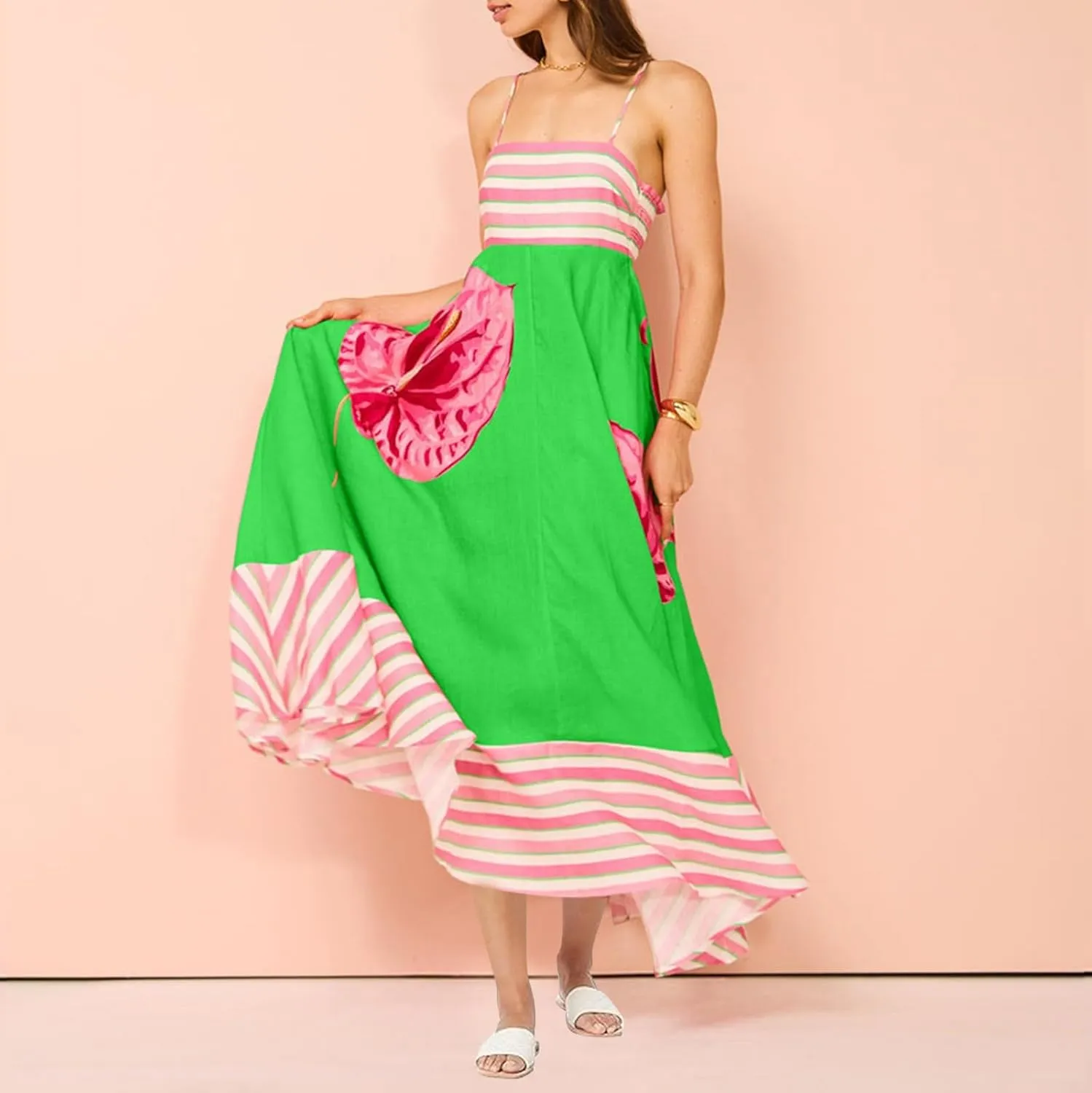 Womens Summer Dresses Casual Loose Fit Striped Color Block Halter Long Sundress Sleeveless Vacation Maxi Beach Dress