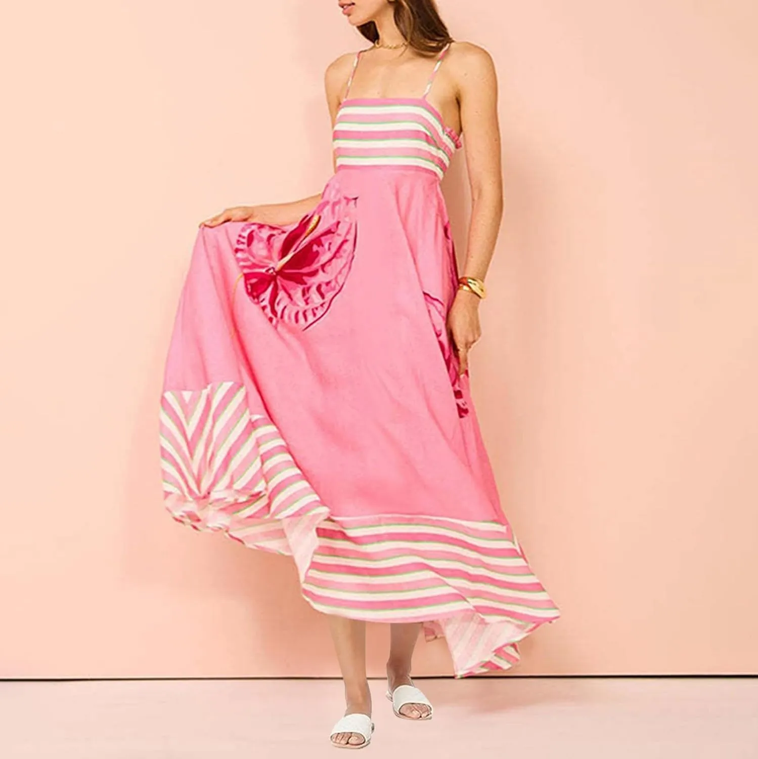 Womens Summer Dresses Casual Loose Fit Striped Color Block Halter Long Sundress Sleeveless Vacation Maxi Beach Dress