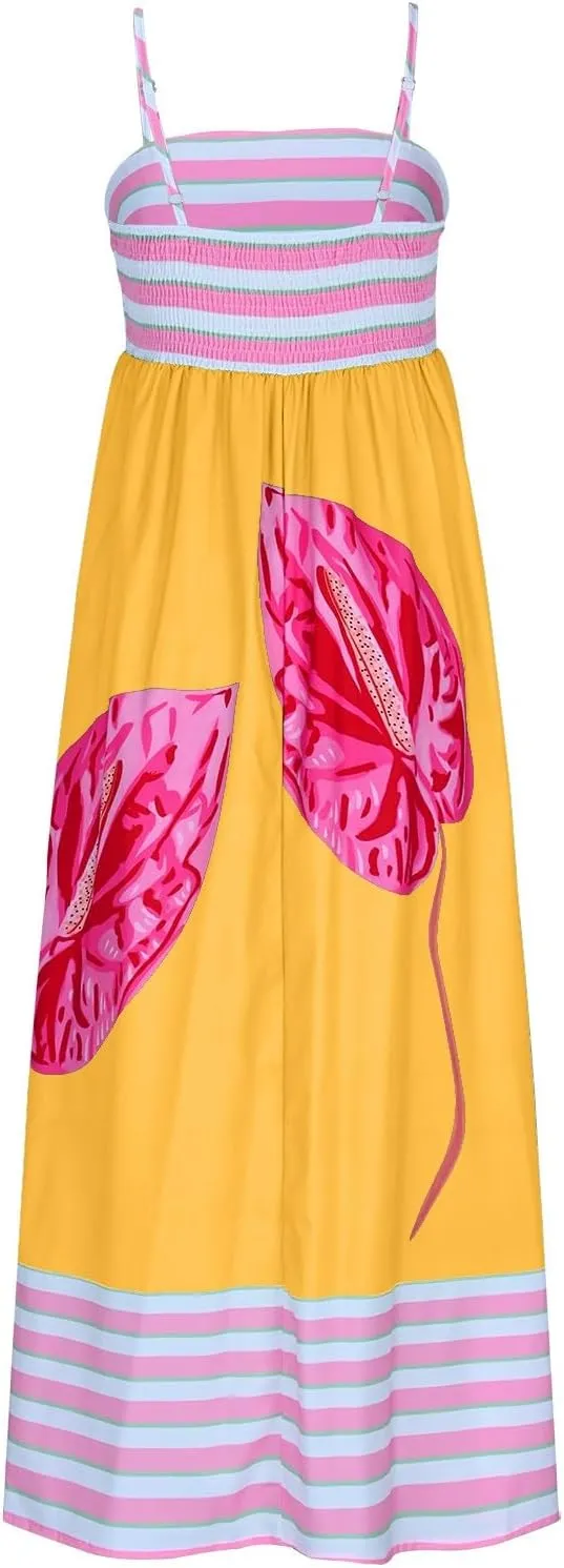 Womens Summer Dresses Casual Loose Fit Striped Color Block Halter Long Sundress Sleeveless Vacation Maxi Beach Dress