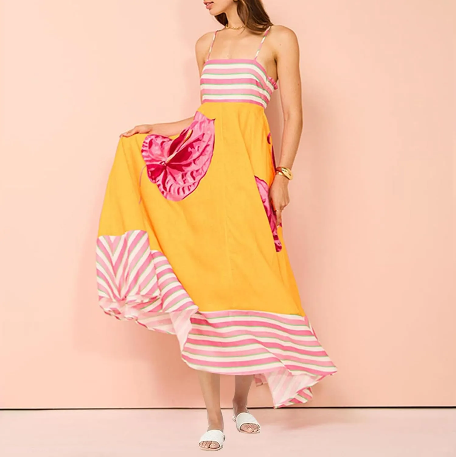 Womens Summer Dresses Casual Loose Fit Striped Color Block Halter Long Sundress Sleeveless Vacation Maxi Beach Dress