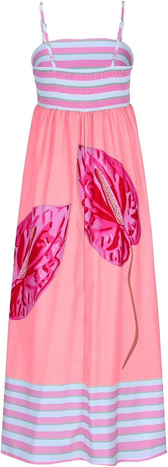 Womens Summer Dresses Casual Loose Fit Striped Color Block Halter Long Sundress Sleeveless Vacation Maxi Beach Dress