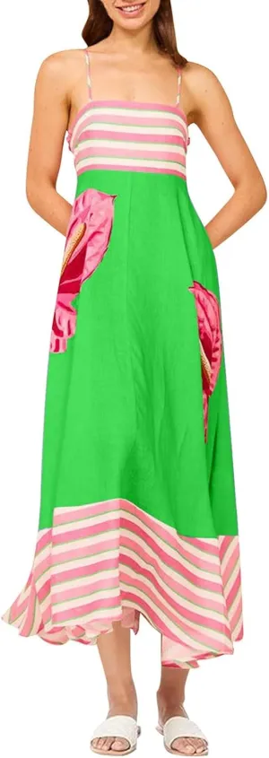 Womens Summer Dresses Casual Loose Fit Striped Color Block Halter Long Sundress Sleeveless Vacation Maxi Beach Dress