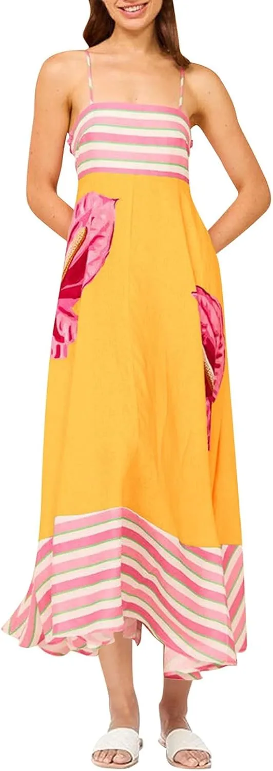 Womens Summer Dresses Casual Loose Fit Striped Color Block Halter Long Sundress Sleeveless Vacation Maxi Beach Dress