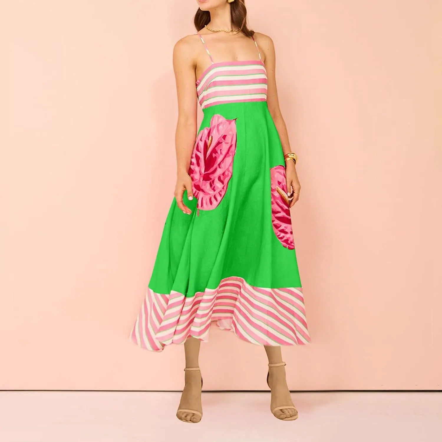 Womens Summer Dresses Casual Loose Fit Striped Color Block Halter Long Sundress Sleeveless Vacation Maxi Beach Dress