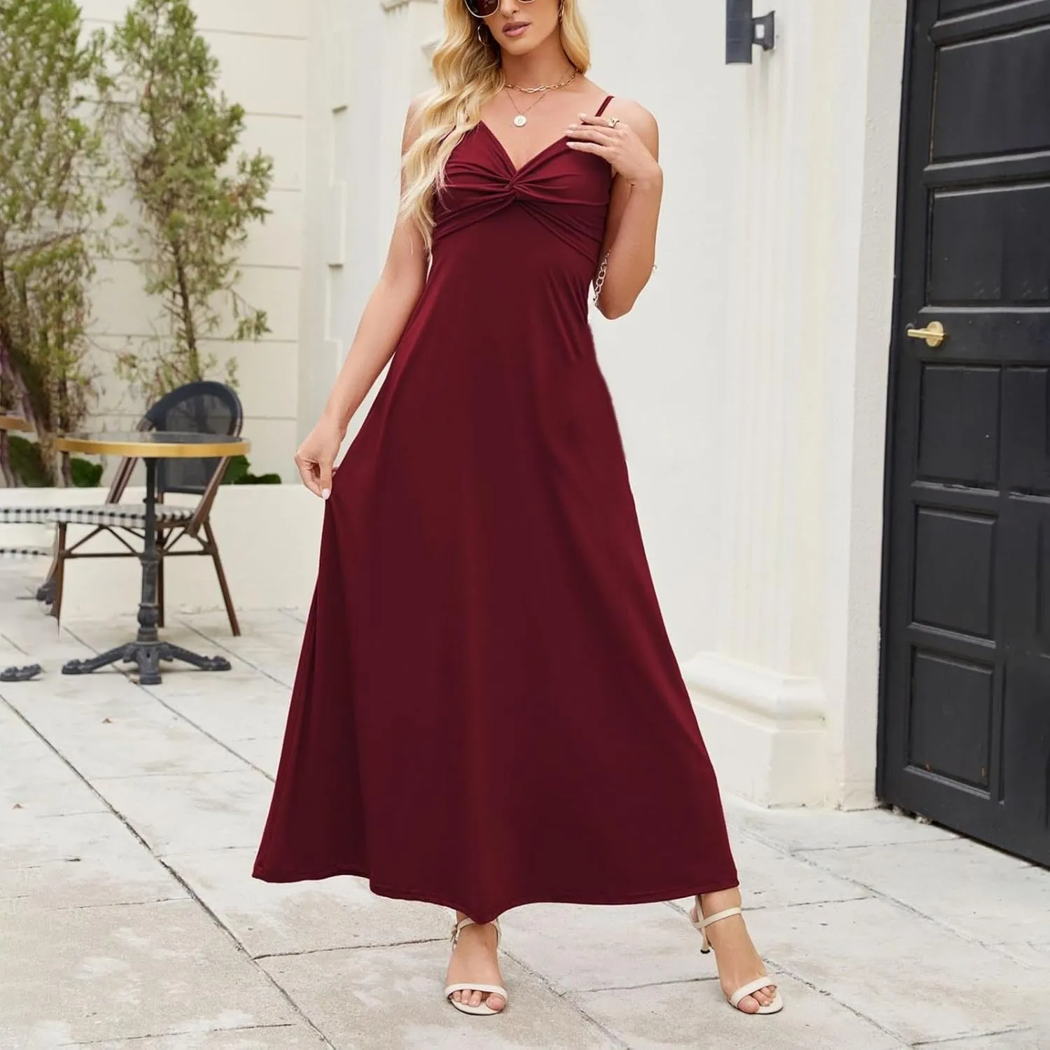 Women's Summer Dresses Dressy V Neck Spaghetti Strap Sundress Prom Club Evening Party Cocktail Flowy Maxi Dress