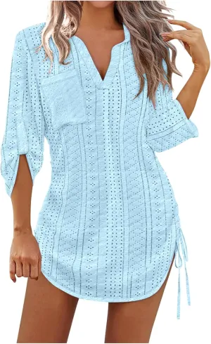 Womens Summer Long Sleeve Dresses V Neck Casual Solid Eyelet Beach Vacation Swimsuit Coverups Dress with Pocket