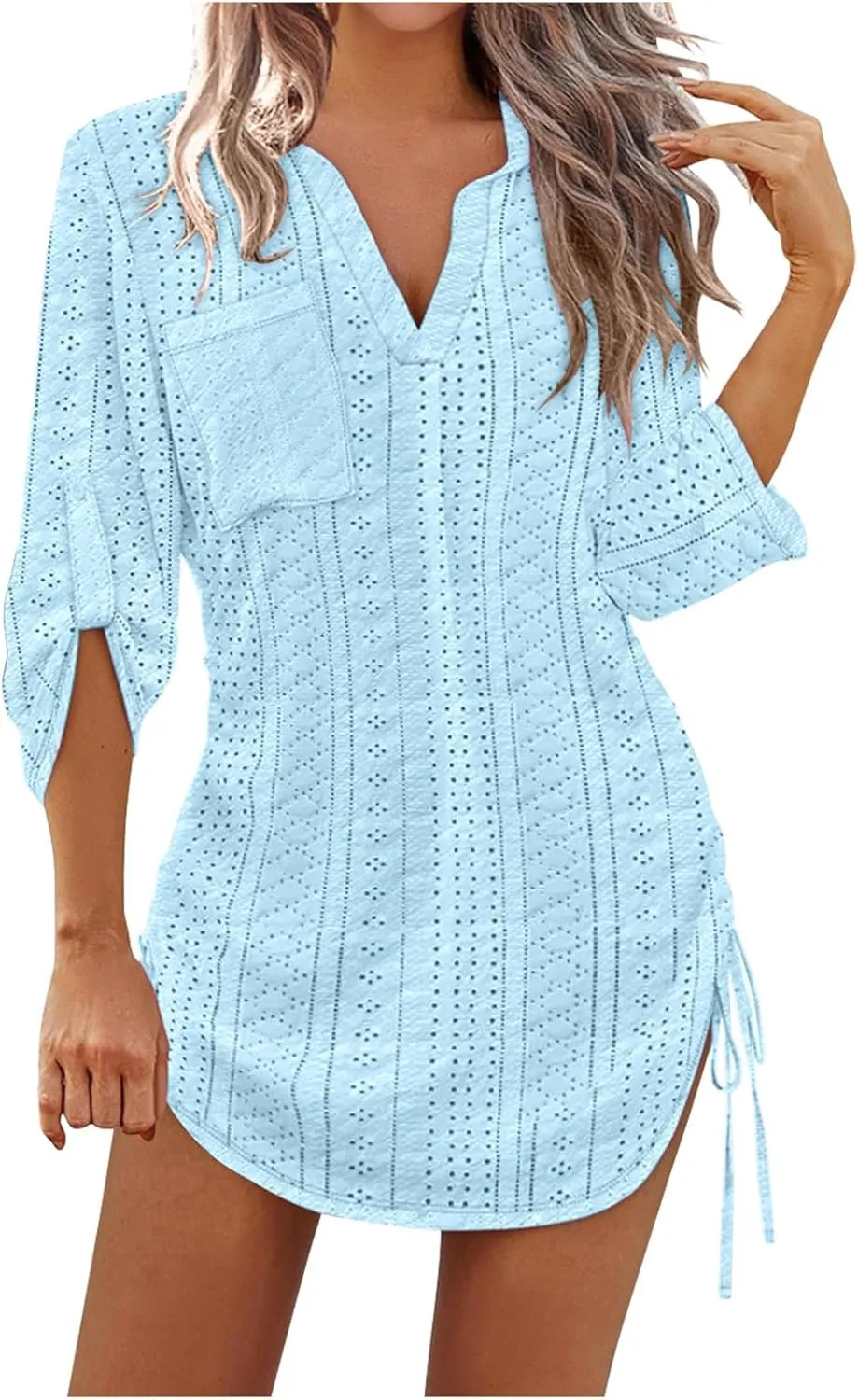 Womens Summer Long Sleeve Dresses V Neck Casual Solid Eyelet Beach Vacation Swimsuit Coverups Dress with Pocket