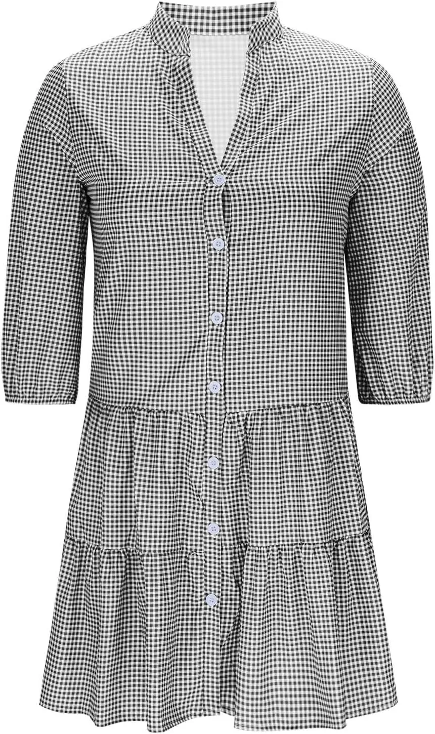 Women's Summer Plaid Midi Dresses Short Sleeve Button V Neck Casual Loose Fit Shirt Dress Beach Vacation Sundress