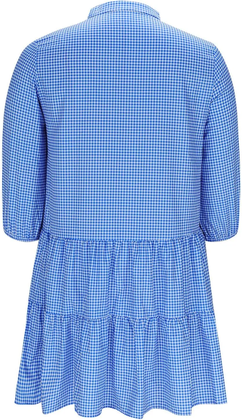 Women's Summer Plaid Midi Dresses Short Sleeve Button V Neck Casual Loose Fit Shirt Dress Beach Vacation Sundress
