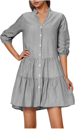 Women's Summer Plaid Midi Dresses Short Sleeve Button V Neck Casual Loose Fit Shirt Dress Beach Vacation Sundress