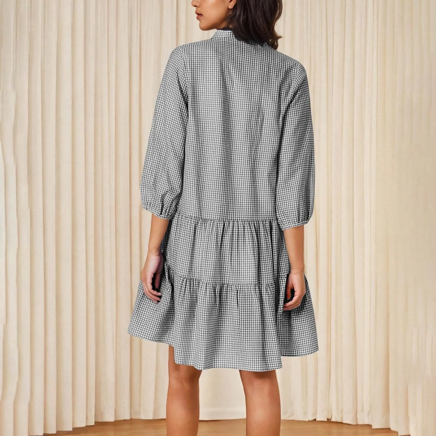 Women's Summer Plaid Midi Dresses Short Sleeve Button V Neck Casual Loose Fit Shirt Dress Beach Vacation Sundress