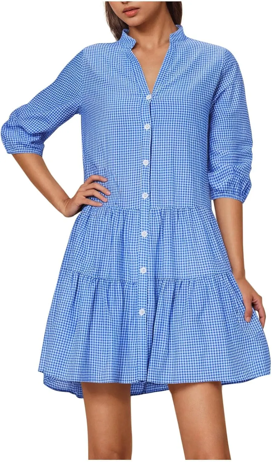 Women's Summer Plaid Midi Dresses Short Sleeve Button V Neck Casual Loose Fit Shirt Dress Beach Vacation Sundress