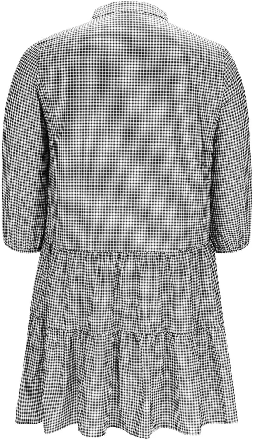 Women's Summer Plaid Midi Dresses Short Sleeve Button V Neck Casual Loose Fit Shirt Dress Beach Vacation Sundress