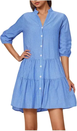 Women's Summer Plaid Midi Dresses Short Sleeve Button V Neck Casual Loose Fit Shirt Dress Beach Vacation Sundress