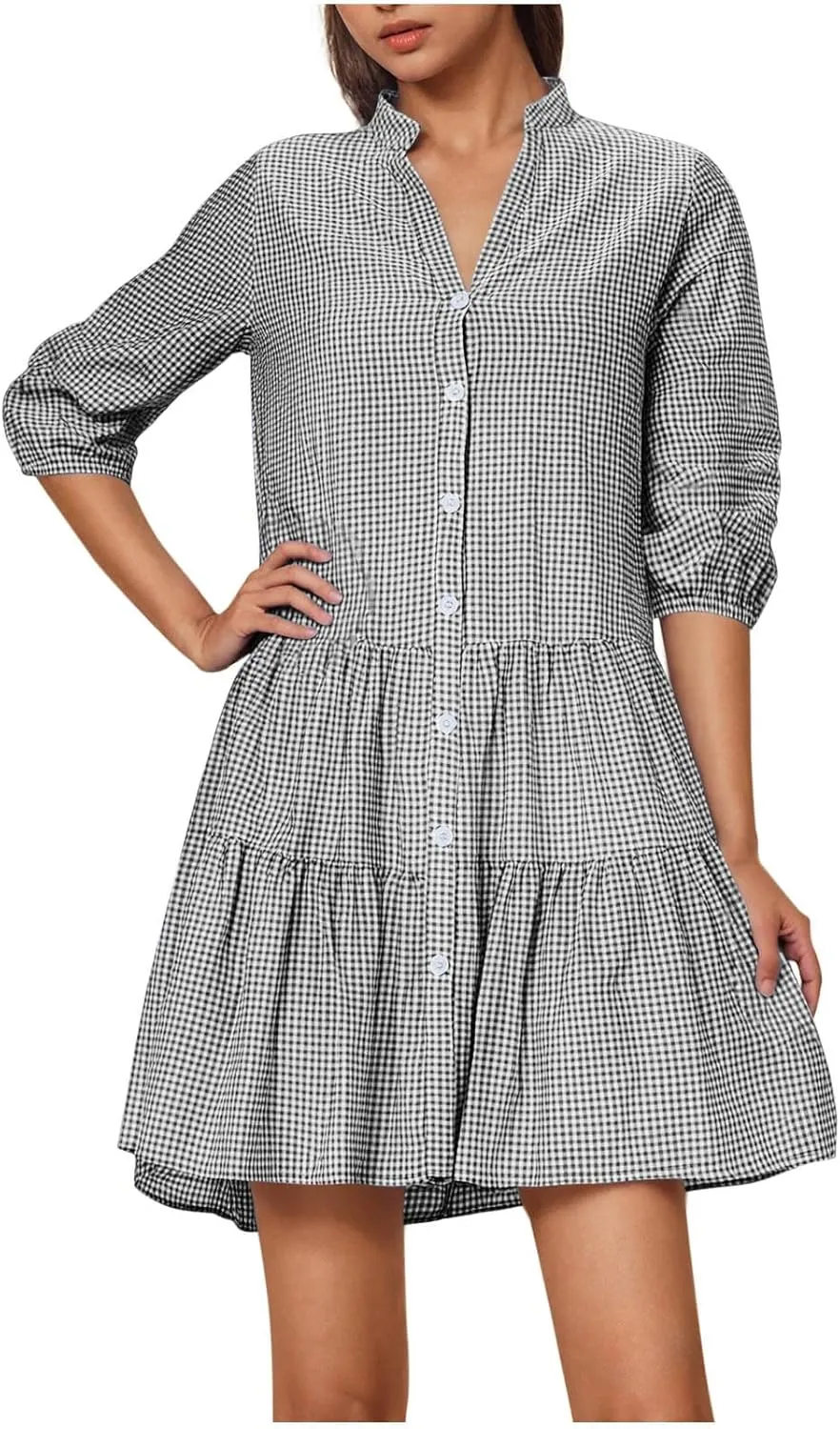 Women's Summer Plaid Midi Dresses Short Sleeve Button V Neck Casual Loose Fit Shirt Dress Beach Vacation Sundress