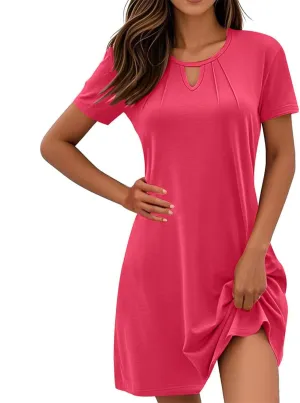 Women's Summer Short Sleeve Keyhole Neck Midi Dresses Casual Loose Fit Pleated T-Shirt Sundress Solid Beach Dress