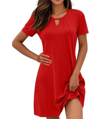 Women's Summer Short Sleeve Keyhole Neck Midi Dresses Casual Loose Fit Pleated T-Shirt Sundress Solid Beach Dress