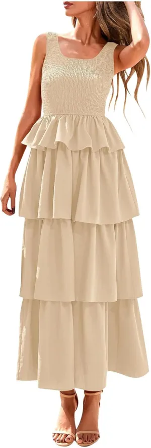 Women's Summer Sleeveless Maxi Sundress Swing Smocked Ruffle Flowy Tiered Wrap Dress Beach Travel Vacation Outfits